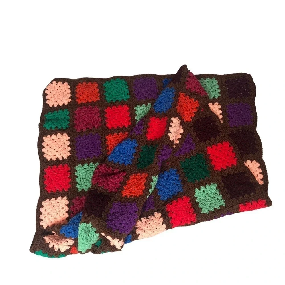 Granny Square Handmade Crochet Throw Brown Multi Chunky Funky‎ Bohemian Vintage